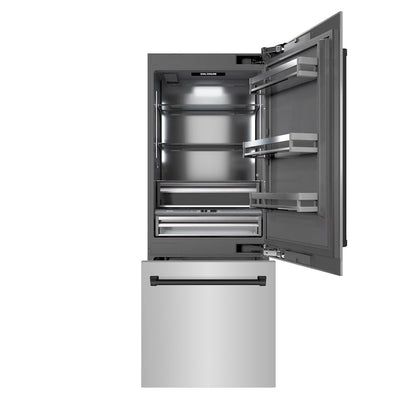 ZLINE Autograph Edition 30 in. 16.1 cu. ft. Built-In Bottom Freezer Refrigerator with Water Dispenser and Ice Maker in Stainless Steel with Graphite Gray Interior and Matte Black Accents (GRBIVZ-304-30MB) front, refrigeration compartment and bottom freezer drawers open.