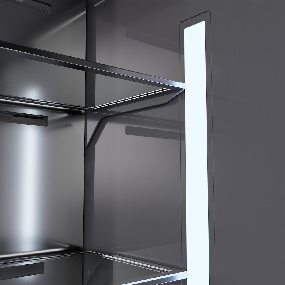 ZLINE Autograph Edition 36 in. 19.6 cu. ft. French Door Built-In Bottom Freezer Refrigerator with Water Dispenser and Ice Maker in Stainless Steel with Graphite Gray Interior and Champagne Bronze Accents (GRBIVZ-304-36CB) close-up detail, interior LED lighting.