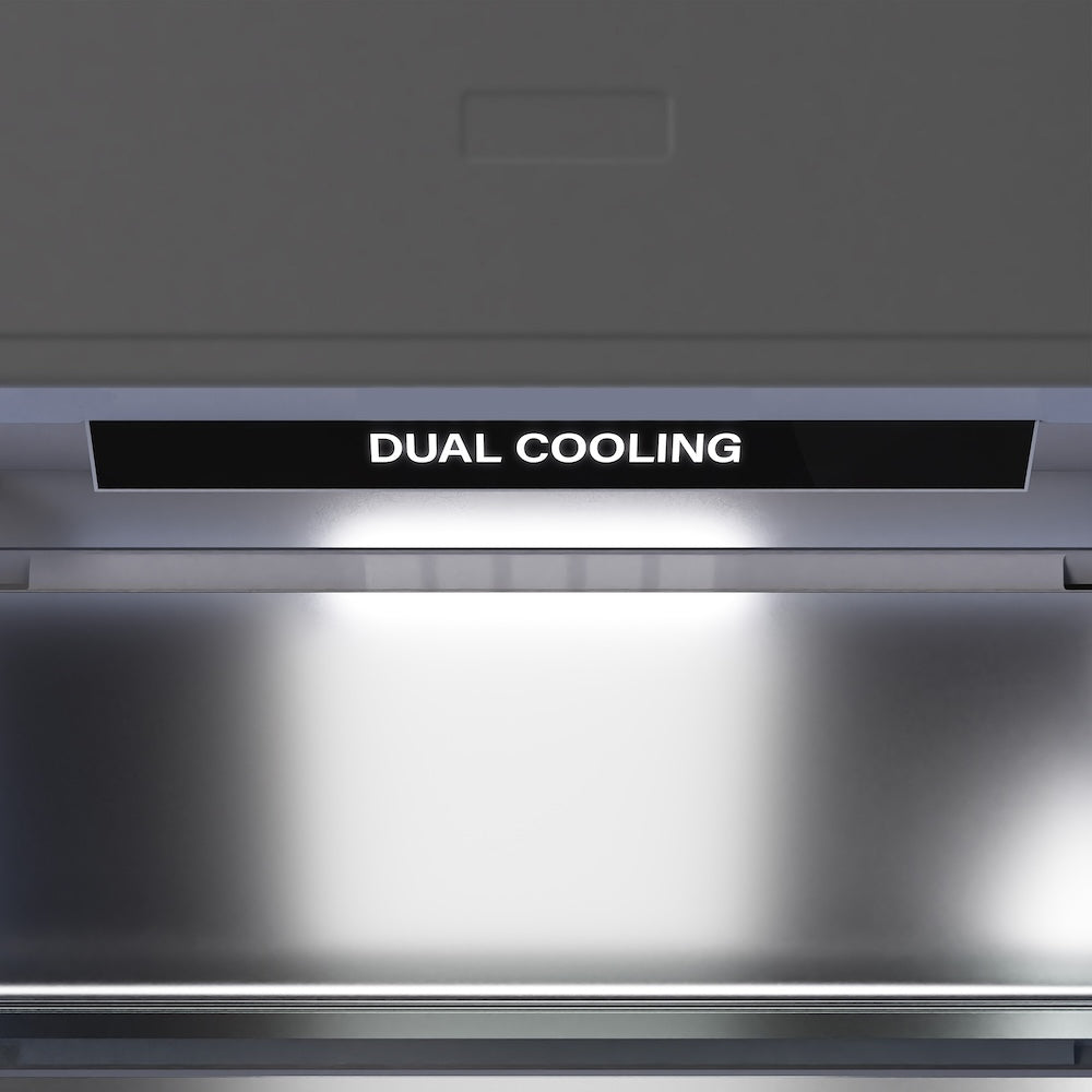 ZLINE Autograph Edition 36 in. 19.6 cu. ft. French Door Built-In Bottom Freezer Refrigerator with Water Dispenser and Ice Maker in Stainless Steel with Graphite Gray Interior and Champagne Bronze Accents (GRBIVZ-304-36CB) close-up detail, dual cooling inside refrigeration compartment.