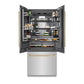 ZLINE Autograph Edition 36 in. 19.6 cu. ft. French Door Built-In Bottom Freezer Refrigerator with Water Dispenser and Ice Maker in Stainless Steel with Graphite Gray Interior and Champagne Bronze Accents (GRBIVZ-304-36CB) front, open, with food inside refrigeration compartment.