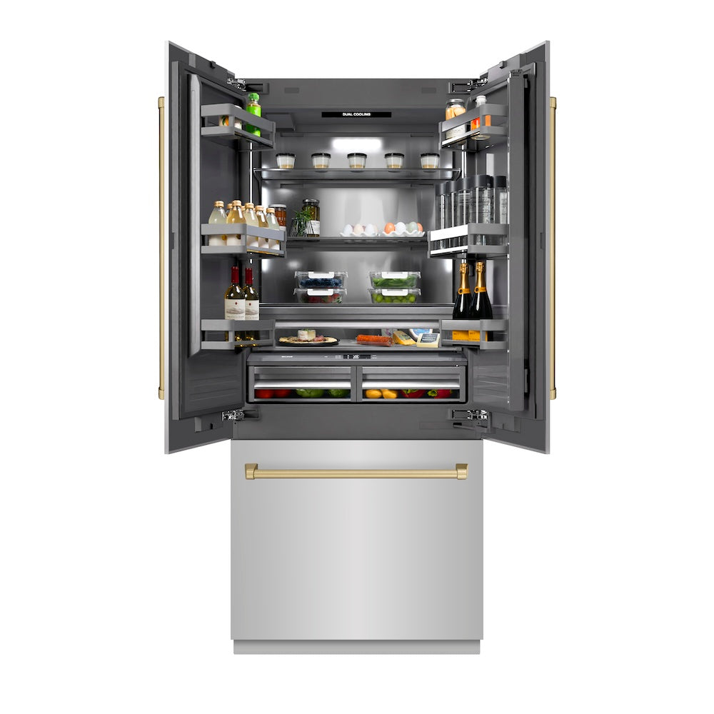ZLINE Autograph Edition 36 in. 19.6 cu. ft. French Door Built-In Bottom Freezer Refrigerator with Water Dispenser and Ice Maker in Stainless Steel with Graphite Gray Interior and Champagne Bronze Accents (GRBIVZ-304-36CB) front, open, with food inside refrigeration compartment.