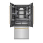 ZLINE Autograph Edition 36 in. 19.6 cu. ft. French Door Built-In Bottom Freezer Refrigerator with Water Dispenser and Ice Maker in Stainless Steel with Graphite Gray Interior and Champagne Bronze Accents (GRBIVZ-304-36CB) front, refrigeration compartment open.