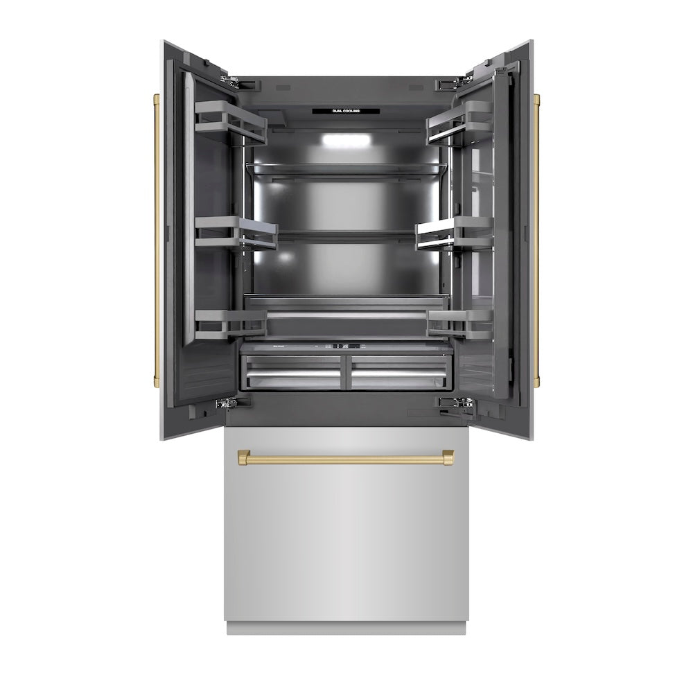 ZLINE Autograph Edition 36 in. 19.6 cu. ft. French Door Built-In Bottom Freezer Refrigerator with Water Dispenser and Ice Maker in Stainless Steel with Graphite Gray Interior and Champagne Bronze Accents (GRBIVZ-304-36CB) front, refrigeration compartment open.