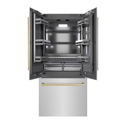 ZLINE Autograph Edition 36 in. 19.6 cu. ft. French Door Built-In Bottom Freezer Refrigerator with Water Dispenser and Ice Maker in Stainless Steel with Graphite Gray Interior and Champagne Bronze Accents (GRBIVZ-304-36CB) front, refrigeration compartment and bottom freezer drawers open.