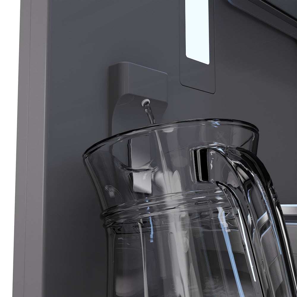 ZLINE Autograph Edition 36 in. 19.6 cu. ft. French Door Built-In Bottom Freezer Refrigerator with Water Dispenser and Ice Maker in Stainless Steel with Graphite Gray Interior and Champagne Bronze Accents (GRBIVZ-304-36CB) close-up detail, interior water dispenser.