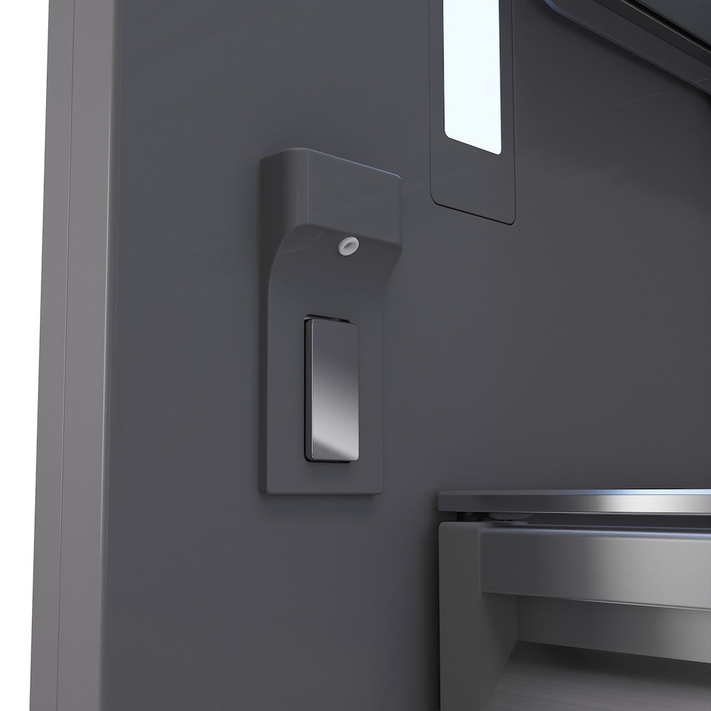 ZLINE Autograph Edition 36 in. 19.6 cu. ft. French Door Built-In Bottom Freezer Refrigerator with Water Dispenser and Ice Maker in Stainless Steel with Graphite Gray Interior and Champagne Bronze Accents (GRBIVZ-304-36CB) close-up detail, interior water dispenser.