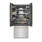 ZLINE Autograph Edition 36 in. 19.6 cu. ft. French Door Built-In Bottom Freezer Refrigerator with Water Dispenser and Ice Maker in Stainless Steel with Graphite Gray Interior and Polished Gold Accents (GRBIVZ-304-36G) front, open, with food inside refrigeration compartment.
