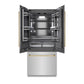 ZLINE Autograph Edition 36 in. 19.6 cu. ft. French Door Built-In Bottom Freezer Refrigerator with Water Dispenser and Ice Maker in Stainless Steel with Graphite Gray Interior and Polished Gold Accents (GRBIVZ-304-36G) front, refrigeration compartment open.
