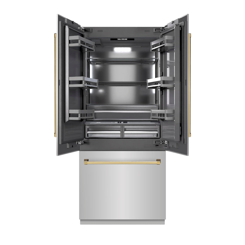 ZLINE Autograph Edition 36 in. 19.6 cu. ft. French Door Built-In Bottom Freezer Refrigerator with Water Dispenser and Ice Maker in Stainless Steel with Graphite Gray Interior and Polished Gold Accents (GRBIVZ-304-36G) front, refrigeration compartment open.