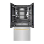 ZLINE Autograph Edition 36 in. 19.6 cu. ft. French Door Built-In Bottom Freezer Refrigerator with Water Dispenser and Ice Maker in Stainless Steel with Graphite Gray Interior and Polished Gold Accents (GRBIVZ-304-36G) front, refrigeration compartment and bottom freezer drawers open.