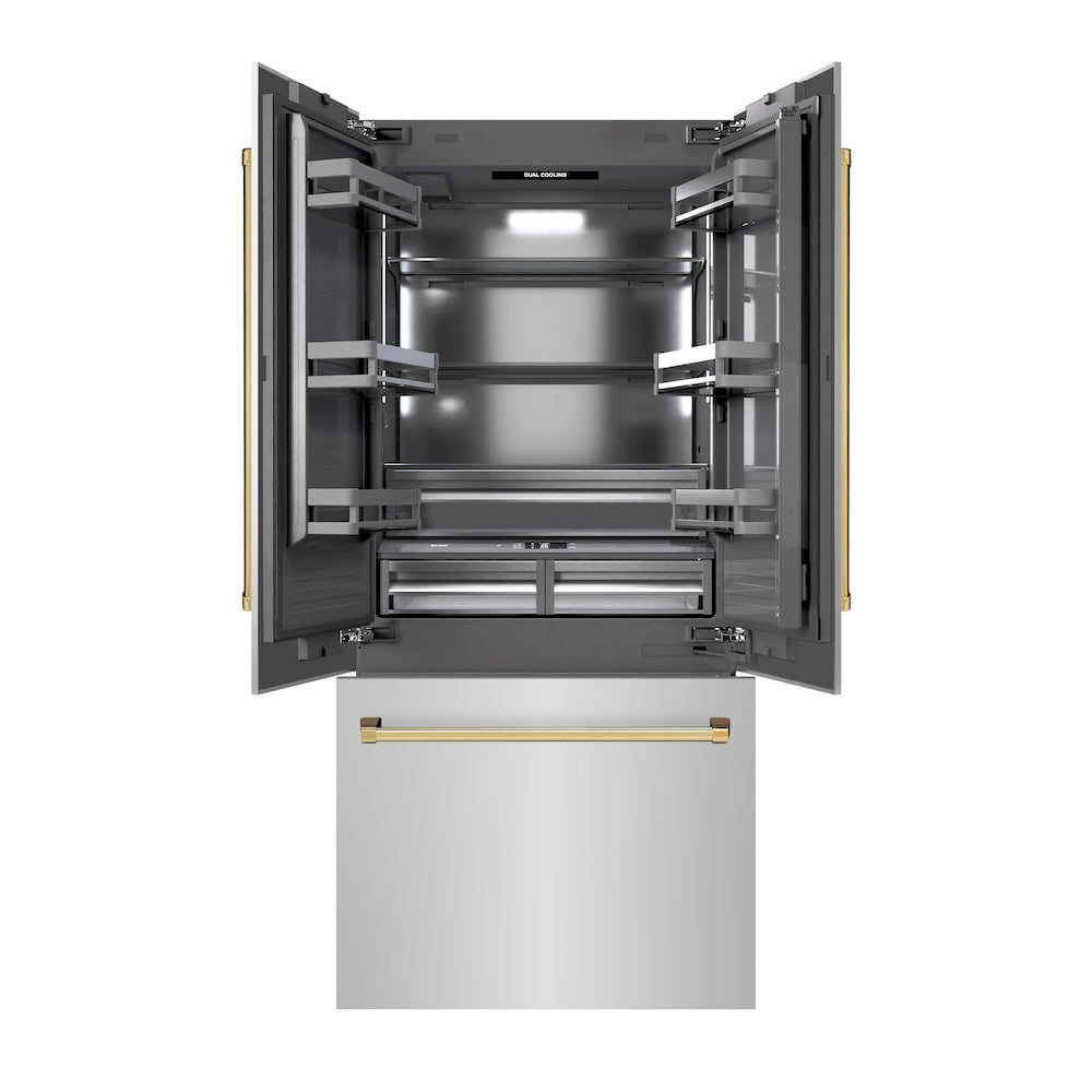 ZLINE Autograph Edition 36 in. 19.6 cu. ft. French Door Built-In Bottom Freezer Refrigerator with Water Dispenser and Ice Maker in Stainless Steel with Graphite Gray Interior and Polished Gold Accents (GRBIVZ-304-36G) front, refrigeration compartment and bottom freezer drawers open.