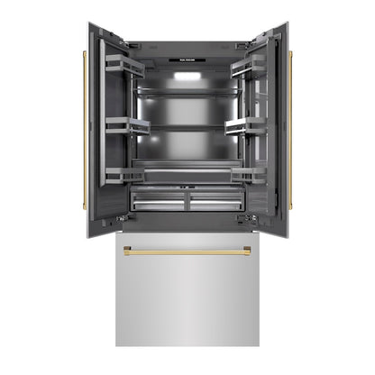 ZLINE Autograph Edition 36 in. 19.6 cu. ft. French Door Built-In Bottom Freezer Refrigerator with Water Dispenser and Ice Maker in Stainless Steel with Graphite Gray Interior and Polished Gold Accents (GRBIVZ-304-36G) front, refrigeration compartment and bottom freezer drawers open.