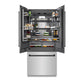 ZLINE Autograph Edition 36 in. 19.6 cu. ft. French Door Built-In Bottom Freezer Refrigerator with Water Dispenser and Ice Maker in Stainless Steel with Graphite Gray Interior and Matte Black Accents (GRBIVZ-304-36MB) front, open, with food inside refrigeration compartment.