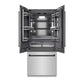 ZLINE Autograph Edition 36 in. 19.6 cu. ft. French Door Built-In Bottom Freezer Refrigerator with Water Dispenser and Ice Maker in Stainless Steel with Graphite Gray Interior and Matte Black Accents (GRBIVZ-304-36MB) front, refrigeration compartment open.