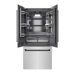 ZLINE Autograph Edition 36 in. 19.6 cu. ft. French Door Built-In Bottom Freezer Refrigerator with Water Dispenser and Ice Maker in Stainless Steel with Graphite Gray Interior and Matte Black Accents (GRBIVZ-304-36MB) front, refrigeration compartment and bottom freezer drawers open.