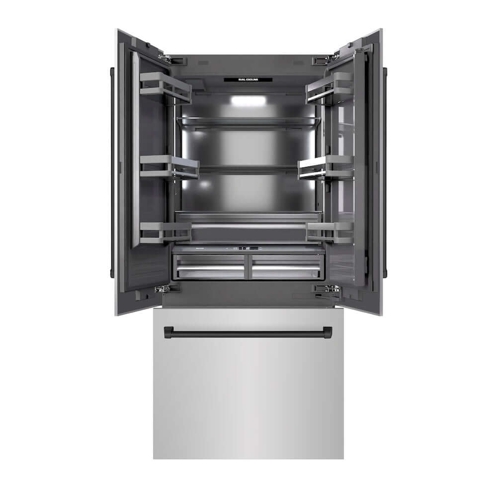 ZLINE Autograph Edition 36 in. 19.6 cu. ft. French Door Built-In Bottom Freezer Refrigerator with Water Dispenser and Ice Maker in Stainless Steel with Graphite Gray Interior and Matte Black Accents (GRBIVZ-304-36MB) front, refrigeration compartment and bottom freezer drawers open.