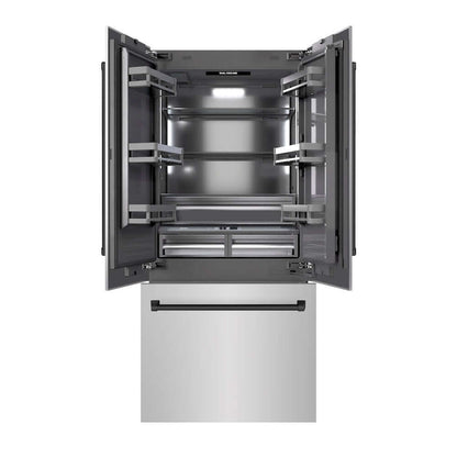 ZLINE Autograph Edition 36 in. 19.6 cu. ft. French Door Built-In Bottom Freezer Refrigerator with Water Dispenser and Ice Maker in Stainless Steel with Graphite Gray Interior and Matte Black Accents (GRBIVZ-304-36MB) front, refrigeration compartment and bottom freezer drawers open.