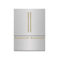 ZLINE Autograph Edition 60 in. 32.2 cu. ft. French Door Built-In Bottom Freezer Refrigerator with Water Dispenser and Ice Maker in Stainless Steel with Graphite Gray Interior and Champagne Bronze Accents (GRBIVZ-304-60CB) front, closed.