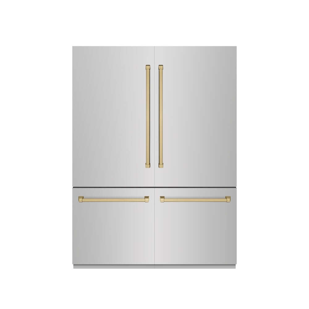 ZLINE Autograph Edition 60 in. 32.2 cu. ft. French Door Built-In Bottom Freezer Refrigerator with Water Dispenser and Ice Maker in Stainless Steel with Graphite Gray Interior and Champagne Bronze Accents (GRBIVZ-304-60CB) front, closed.