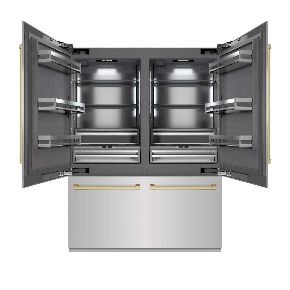 ZLINE Autograph Edition 60 in. 32.2 cu. ft. French Door Built-In Bottom Freezer Refrigerator with Water Dispenser and Ice Maker in Stainless Steel with Graphite Gray Interior and Champagne Bronze Accents (GRBIVZ-304-60CB) front, refrigeration compartment open.
