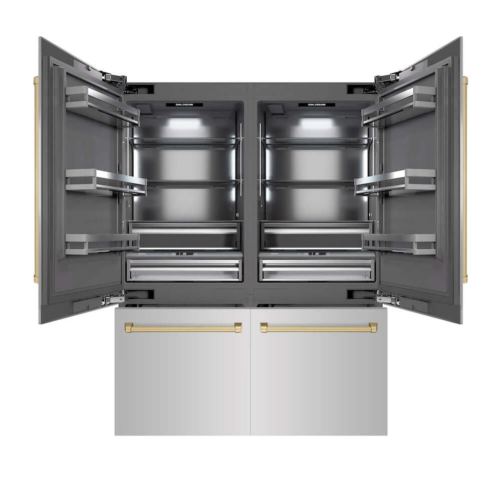 ZLINE Autograph Edition 60 in. 32.2 cu. ft. French Door Built-In Bottom Freezer Refrigerator with Water Dispenser and Ice Maker in Stainless Steel with Graphite Gray Interior and Champagne Bronze Accents (GRBIVZ-304-60CB) main image.