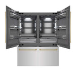 ZLINE Autograph Edition 60 in. 32.2 cu. ft. French Door Built-In Bottom Freezer Refrigerator with Water Dispenser and Ice Maker in Stainless Steel with Graphite Gray Interior and Champagne Bronze Accents (GRBIVZ-304-60CB) front, refrigeration compartment and bottom freezer drawers open.