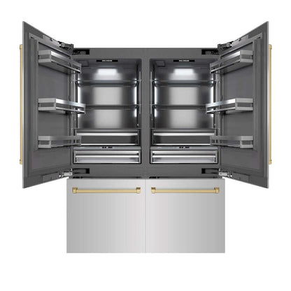 ZLINE Autograph Edition 60 in. 32.2 cu. ft. French Door Built-In Bottom Freezer Refrigerator with Water Dispenser and Ice Maker in Stainless Steel with Graphite Gray Interior and Champagne Bronze Accents (GRBIVZ-304-60CB) front, refrigeration compartment and bottom freezer drawers open.