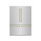 ZLINE Autograph Edition 60 in. 32.2 cu. ft. French Door Built-In Bottom Freezer Refrigerator with Water Dispenser and Ice Maker in Stainless Steel with Graphite Gray Interior and Polished Gold Accents (GRBIVZ-304-60G) front, closed.