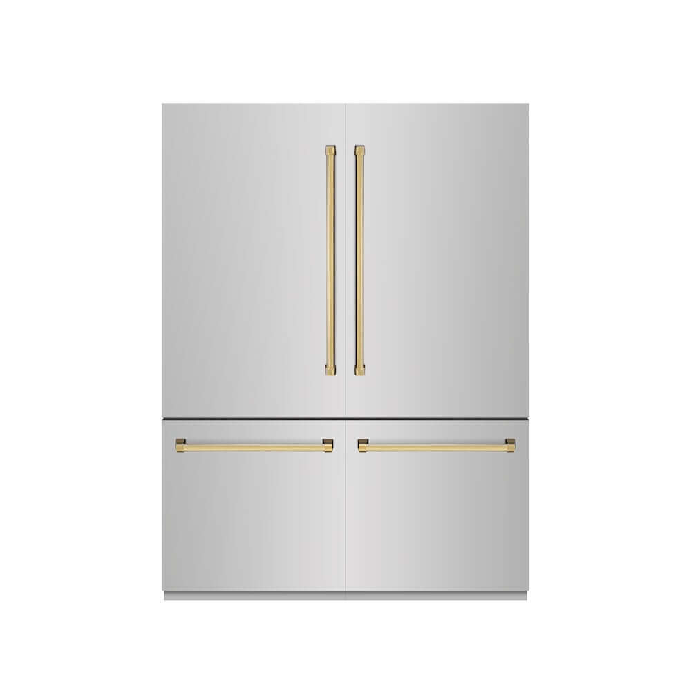 ZLINE Autograph Edition 60 in. 32.2 cu. ft. French Door Built-In Bottom Freezer Refrigerator with Water Dispenser and Ice Maker in Stainless Steel with Graphite Gray Interior and Polished Gold Accents (GRBIVZ-304-60G) front, closed.