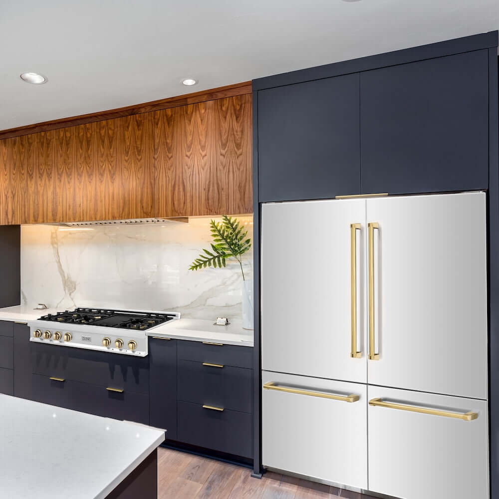 ZLINE Autograph Edition 60 in. 32.2 cu. ft. French Door Built-In Bottom Freezer Refrigerator with Water Dispenser and Ice Maker in Stainless Steel with Graphite Gray Interior and Polished Gold Accents (GRBIVZ-304-60G) lifestyle, in a luxury kitchen.