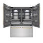 ZLINE Autograph Edition 60 in. 32.2 cu. ft. French Door Built-In Bottom Freezer Refrigerator with Water Dispenser and Ice Maker in Stainless Steel with Graphite Gray Interior and Polished Gold Accents (GRBIVZ-304-60G) front, refrigeration compartment open.
