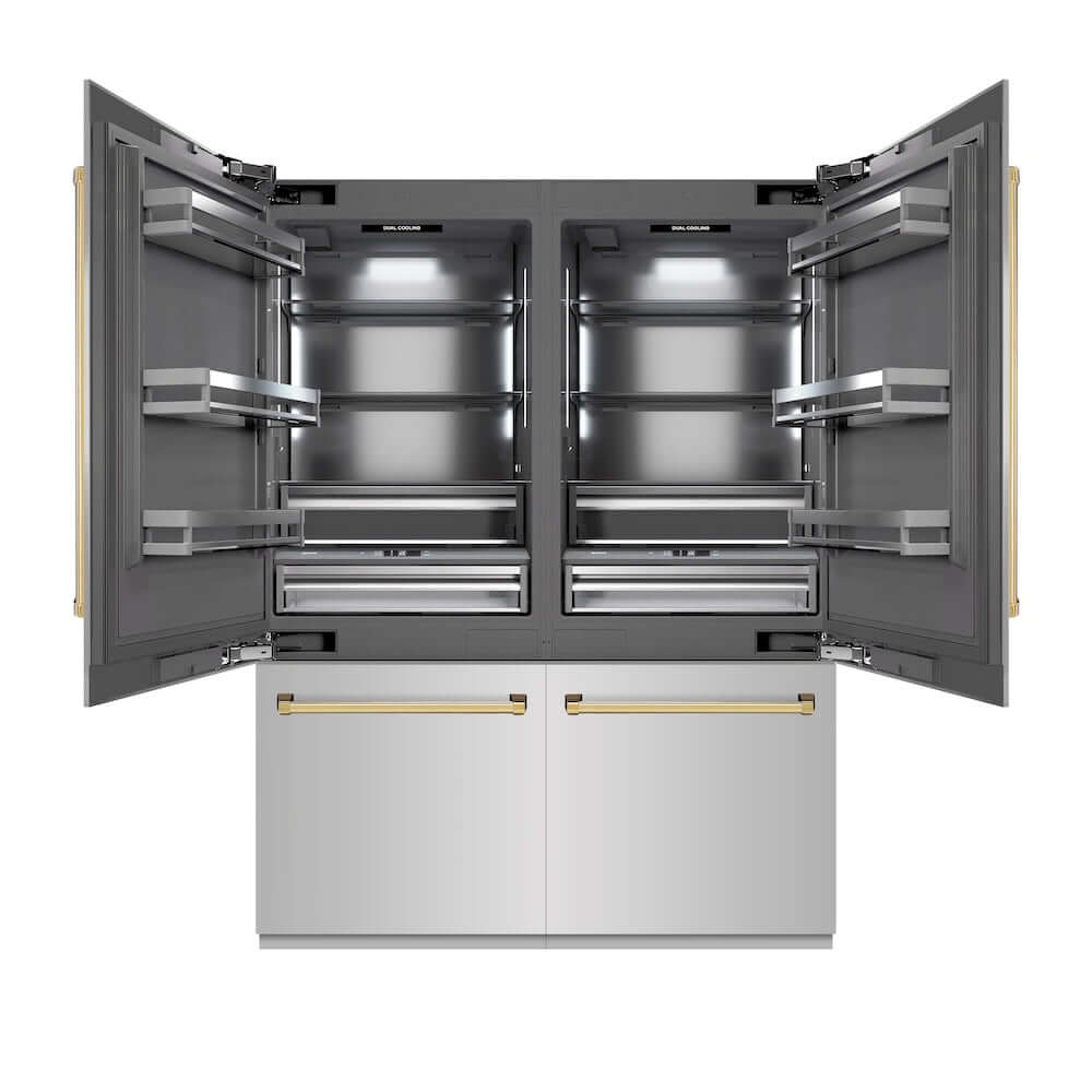 ZLINE Autograph Edition 60 in. 32.2 cu. ft. French Door Built-In Bottom Freezer Refrigerator with Water Dispenser and Ice Maker in Stainless Steel with Graphite Gray Interior and Polished Gold Accents (GRBIVZ-304-60G) front, refrigeration compartment open.