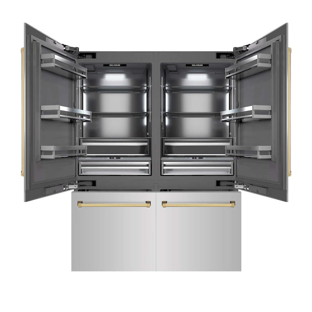 ZLINE Autograph Edition 60 in. 32.2 cu. ft. French Door Built-In Bottom Freezer Refrigerator with Water Dispenser and Ice Maker in Stainless Steel with Graphite Gray Interior and Polished Gold Accents (GRBIVZ-304-60G) main image.