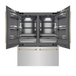 ZLINE Autograph Edition 60 in. 32.2 cu. ft. French Door Built-In Bottom Freezer Refrigerator with Water Dispenser and Ice Maker in Stainless Steel with Graphite Gray Interior and Polished Gold Accents (GRBIVZ-304-60G) front, refrigeration compartment and bottom freezer drawers open.