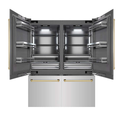 ZLINE Autograph Edition 60 in. 32.2 cu. ft. French Door Built-In Bottom Freezer Refrigerator with Water Dispenser and Ice Maker in Stainless Steel with Graphite Gray Interior and Polished Gold Accents (GRBIVZ-304-60G) front, refrigeration compartment and bottom freezer drawers open.