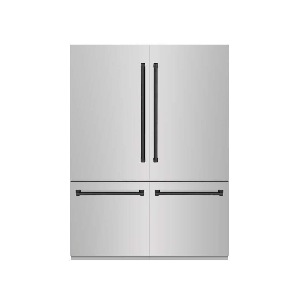 ZLINE Autograph Edition 60 in. 32.2 cu. ft. French Door Built-In Bottom Freezer Refrigerator with Water Dispenser and Ice Maker in Stainless Steel with Graphite Gray Interior and Matte Black Accents (GRBIVZ-304-60MB) front, closed.