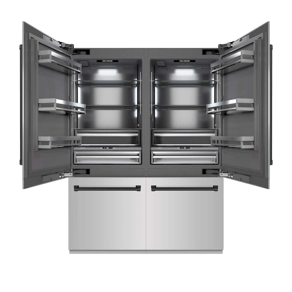 ZLINE Autograph Edition 60 in. 32.2 cu. ft. French Door Built-In Bottom Freezer Refrigerator with Water Dispenser and Ice Maker in Stainless Steel with Graphite Gray Interior and Matte Black Accents (GRBIVZ-304-60MB) front, refrigeration compartment open.