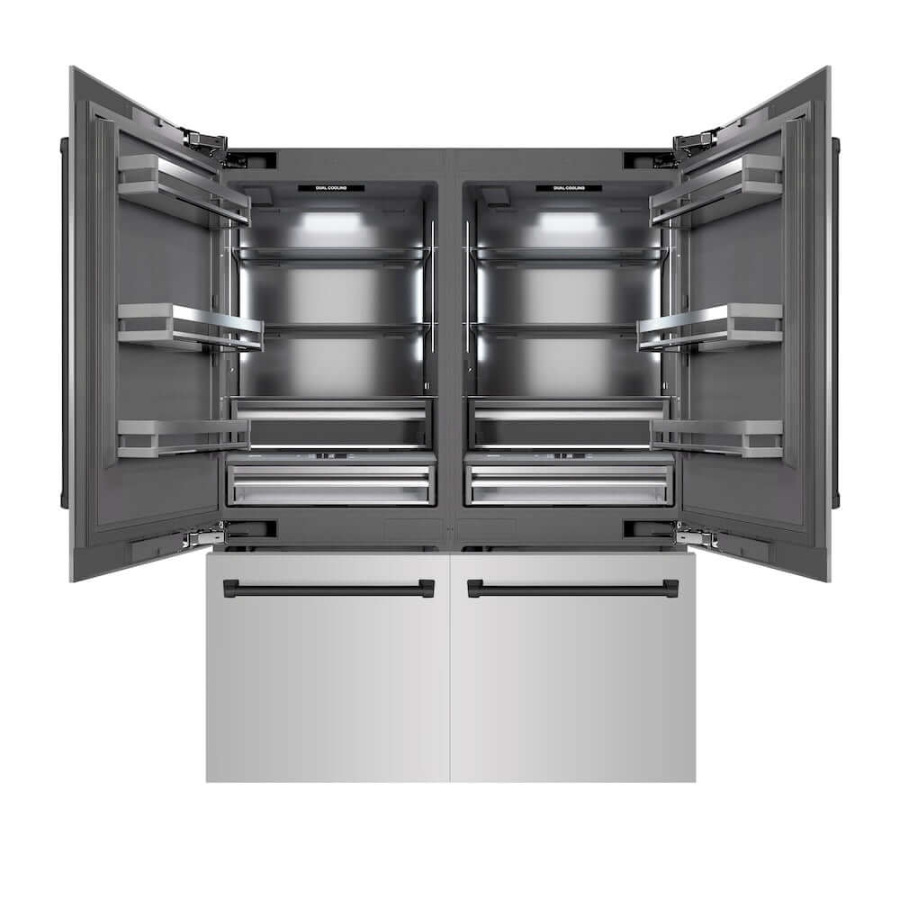 ZLINE Autograph Edition 60 in. 32.2 cu. ft. French Door Built-In Bottom Freezer Refrigerator with Water Dispenser and Ice Maker in Stainless Steel with Graphite Gray Interior and Matte Black Accents (GRBIVZ-304-60MB) front, refrigeration compartment and bottom freezer drawers open.