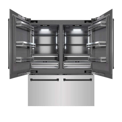 ZLINE Autograph Edition 60 in. 32.2 cu. ft. French Door Built-In Bottom Freezer Refrigerator with Water Dispenser and Ice Maker in Stainless Steel with Graphite Gray Interior and Matte Black Accents (GRBIVZ-304-60MB) front, refrigeration compartment and bottom freezer drawers open.