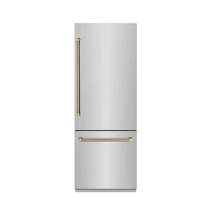 ZLINE Autograph Edition 30 in. 16.1 cu. ft. Built-In Bottom Freezer Refrigerator with Water Dispenser and Ice Maker in Stainless Steel with Graphite Gray Interior and Champagne Bronze Helix Handles (GRBIVZ-30430KCB) front, closed.