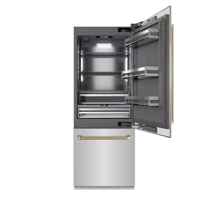 ZLINE Autograph Edition 30 in. 16.1 cu. ft. Built-In Bottom Freezer Refrigerator with Water Dispenser and Ice Maker in Stainless Steel with Graphite Gray Interior and Champagne Bronze Helix Handles (GRBIVZ-30430KCB) front, refrigeration compartment open.