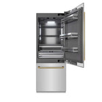 ZLINE Autograph Edition 30 in. 16.1 cu. ft. Built-In Bottom Freezer Refrigerator with Water Dispenser and Ice Maker in Stainless Steel with Graphite Gray Interior and Polished Gold Helix Handles (GRBIVZ-30430KG) front, refrigeration compartment open.
