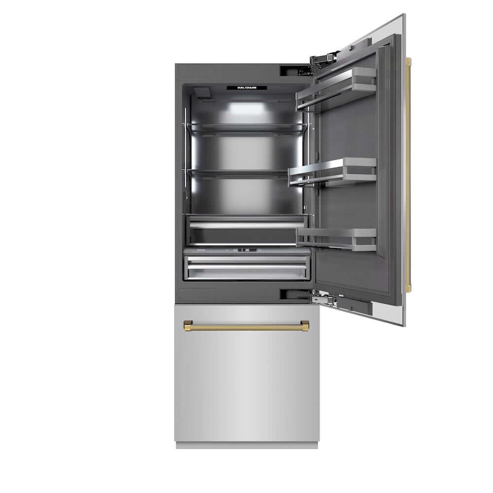 ZLINE Autograph Edition 30 in. 16.1 cu. ft. Built-In Bottom Freezer Refrigerator with Water Dispenser and Ice Maker in Stainless Steel with Graphite Gray Interior and Polished Gold Helix Handles (GRBIVZ-30430KG) front, refrigeration compartment open.