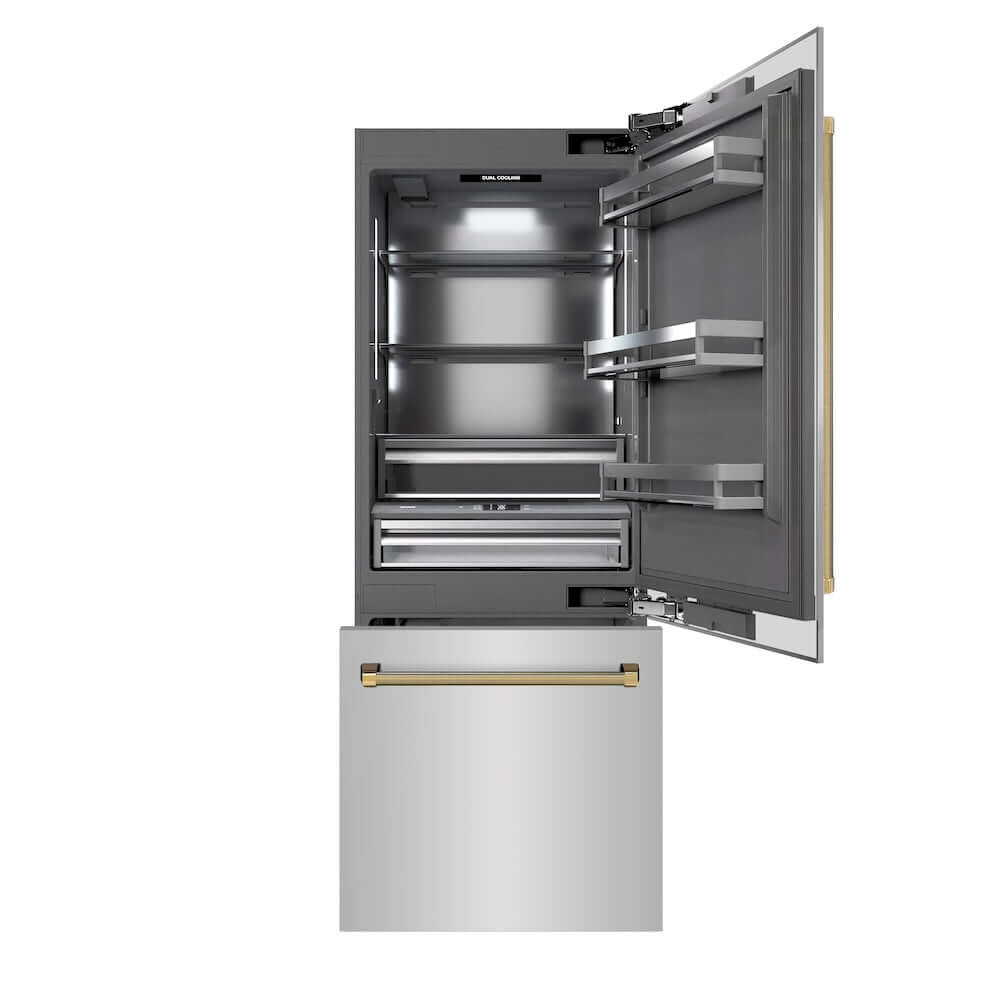 ZLINE Autograph Edition 30 in. 16.1 cu. ft. Built-In Bottom Freezer Refrigerator with Water Dispenser and Ice Maker in Stainless Steel with Graphite Gray Interior and Polished Gold Helix Handles (GRBIVZ-30430KG) front, refrigeration compartment and bottom freezer open.