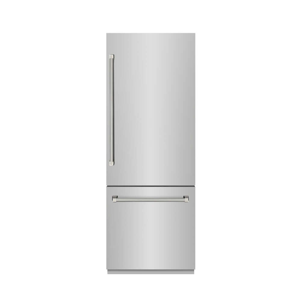 ZLINE Autograph Edition 30 in. 16.1 cu. ft. Built-In Bottom Freezer Refrigerator with Water Dispenser and Ice Maker in Stainless Steel with Graphite Gray Interior and Polished Nickel Helix Handles (GRBIVZ-30430KPN) front, closed.