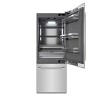 ZLINE Autograph Edition 30 in. 16.1 cu. ft. Built-In Bottom Freezer Refrigerator with Water Dispenser and Ice Maker in Stainless Steel with Graphite Gray Interior and Polished Nickel Helix Handles (GRBIVZ-30430KPN) front, refrigeration compartment open.