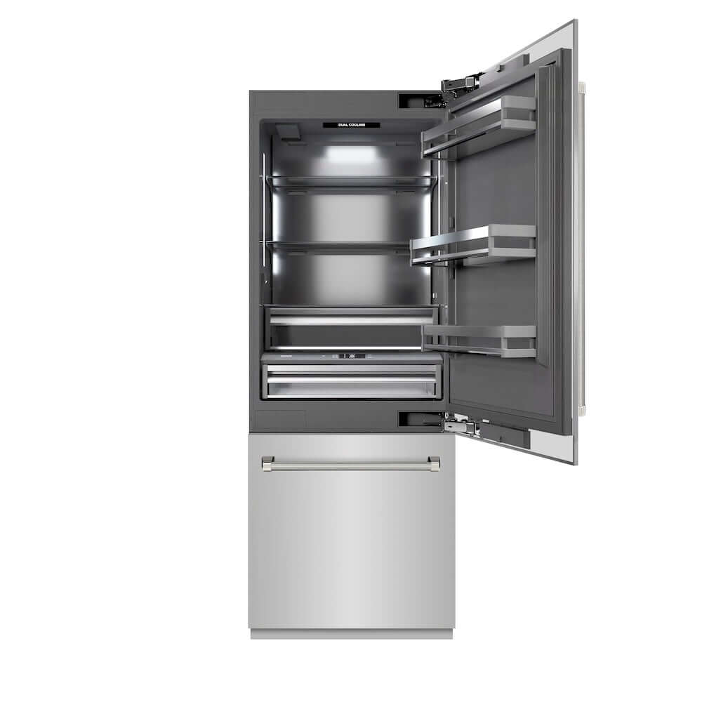 ZLINE Autograph Edition 30 in. 16.1 cu. ft. Built-In Bottom Freezer Refrigerator with Water Dispenser and Ice Maker in Stainless Steel with Graphite Gray Interior and Polished Nickel Helix Handles (GRBIVZ-30430KPN) front, refrigeration compartment open.