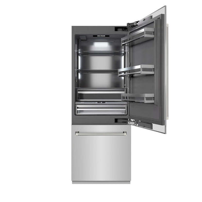 ZLINE Autograph Edition 30 in. 16.1 cu. ft. Built-In Bottom Freezer Refrigerator with Water Dispenser and Ice Maker in Stainless Steel with Graphite Gray Interior and Polished Nickel Helix Handles (GRBIVZ-30430KPN) front, refrigeration compartment open.