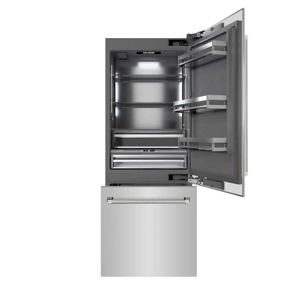ZLINE Autograph Edition 30 in. 16.1 cu. ft. Built-In Bottom Freezer Refrigerator with Water Dispenser and Ice Maker in Stainless Steel with Graphite Gray Interior and Polished Nickel Helix Handles (GRBIVZ-30430KPN) front, refrigeration compartment and bottom freezer open.