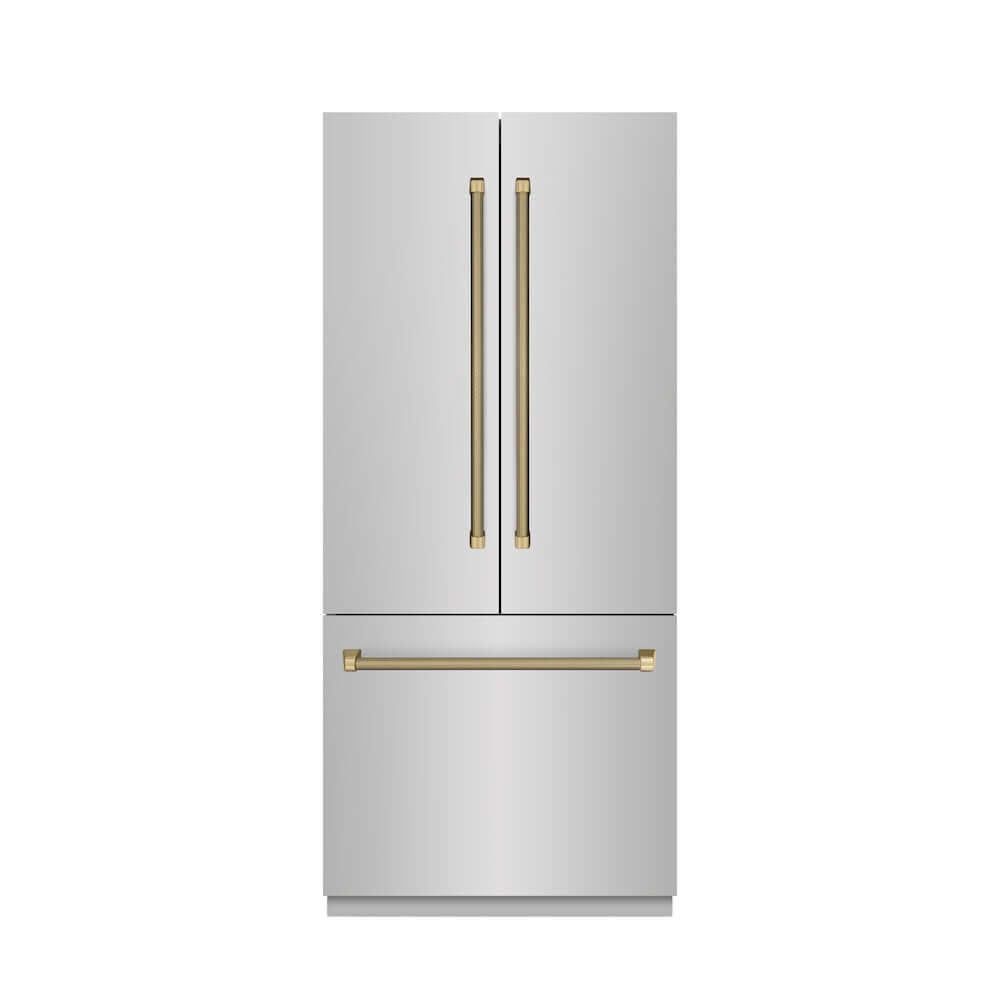 ZLINE Autograph Edition 36 in. 19.6 cu. ft. French Door Built-In Bottom Freezer Refrigerator with Water Dispenser and Ice Maker in Stainless Steel with Graphite Gray Interior and Champagne Bronze Helix Handles (GRBIVZ-30436KCB) front, closed.